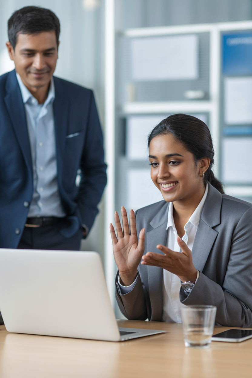 ideogram-v3.0_An_Indian_girl_should_be_sitting_in_an_office_talking_to_a_customer_team_via_lap-0
